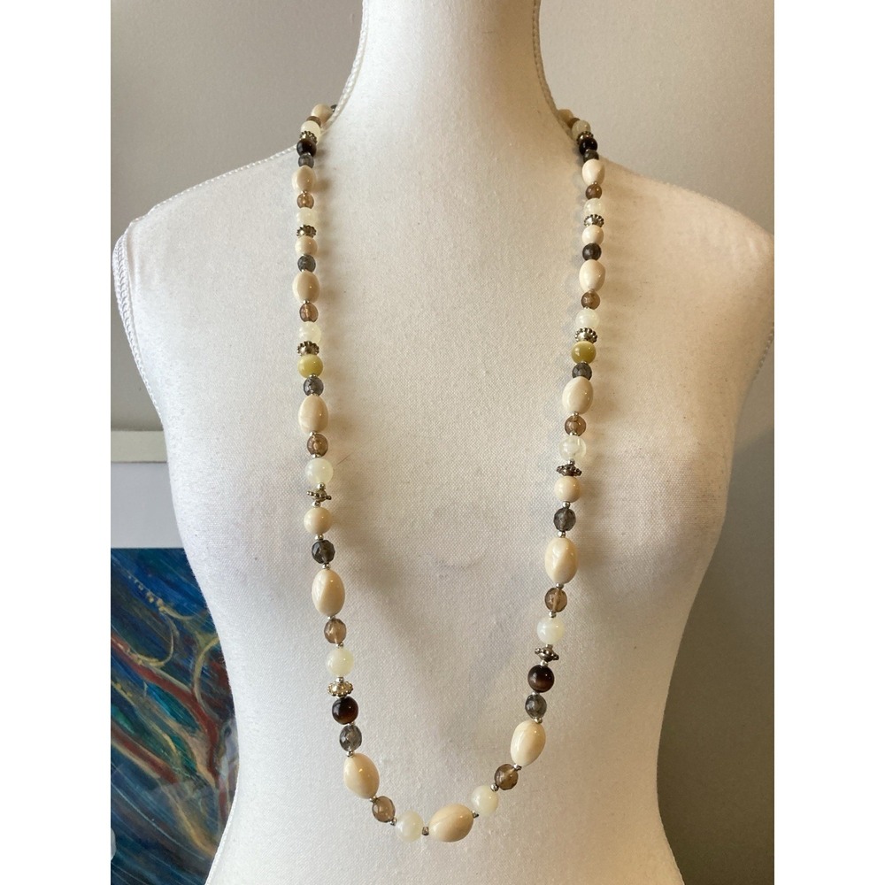 Earthy Long Beaded Necklace‎ In Coastal Neutrals Browns Cream Layering Beachy